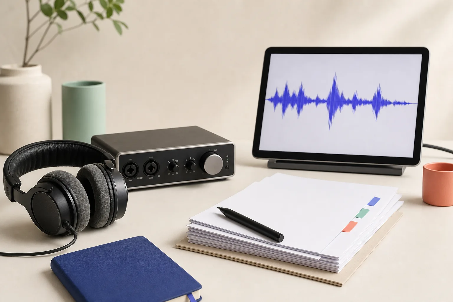 Studio headphones, an audio interface, a waveform display, and review notes on a workbench.